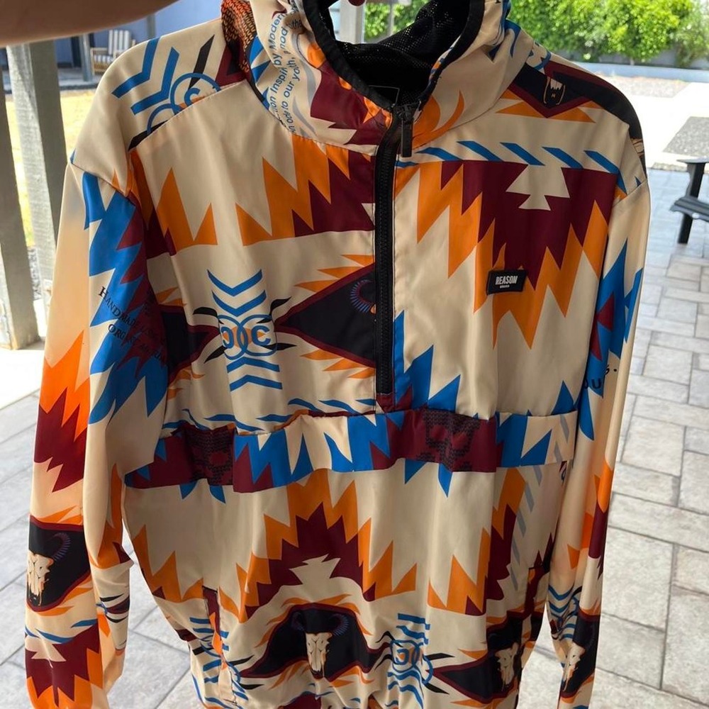 Reason‎ Windbreaker Geometric Aztec Print Jacket Mesh Lined Sz XL Mens